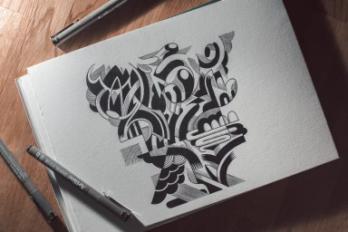 Black and white abstract geometric ink drawing in an open sketchbook with technical drawing pens on a wooden desk.