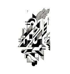 Abstract black ink illustration featuring geometric shapes, hatching patterns, and stylized linear forms on a white background.