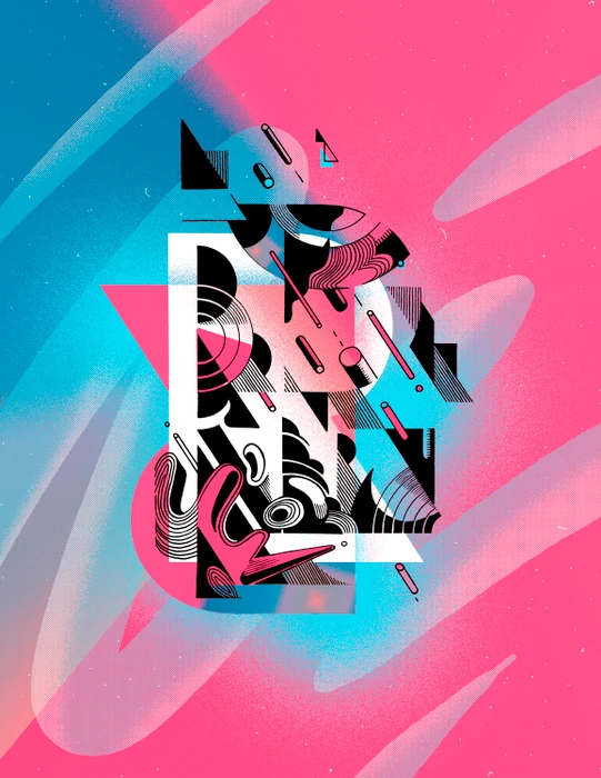 Abstract graphic artwork featuring geometric and organic black, white, and pink shapes over a vibrant neon pink and cyan background.