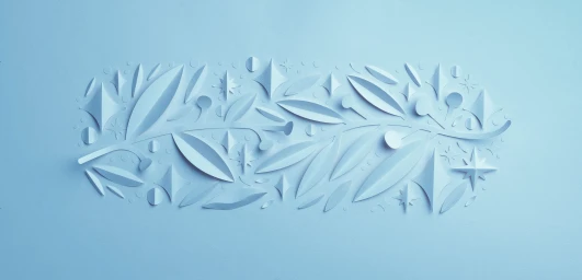 Light blue paper cut relief of botanical leaves, branches, stars, and geometric shapes against a matching pastel blue background.