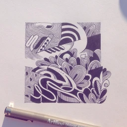 Abstract ink drawing with intricate curved lines and geometric patterns on white paper next to a grey Artline fineliner pen.