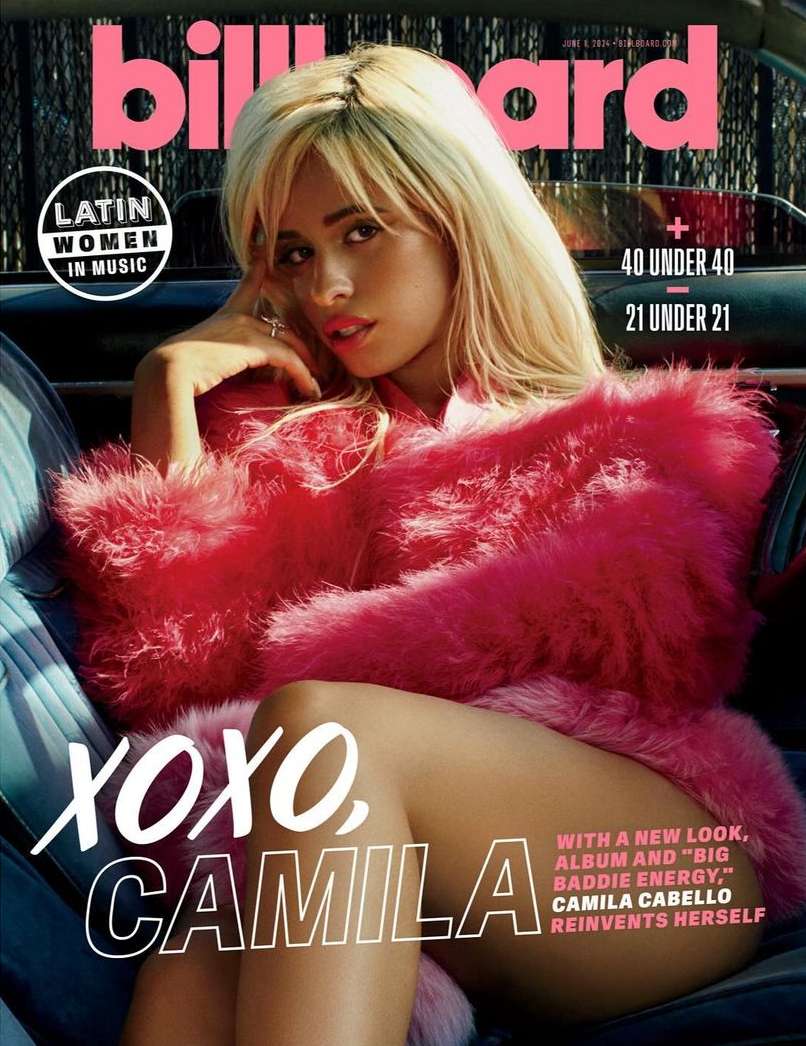 Camila Cabello poses in a pink fur coat on a Billboard magazine cover with headlines like 'Latin Women in Music' and '40 Under 40'.