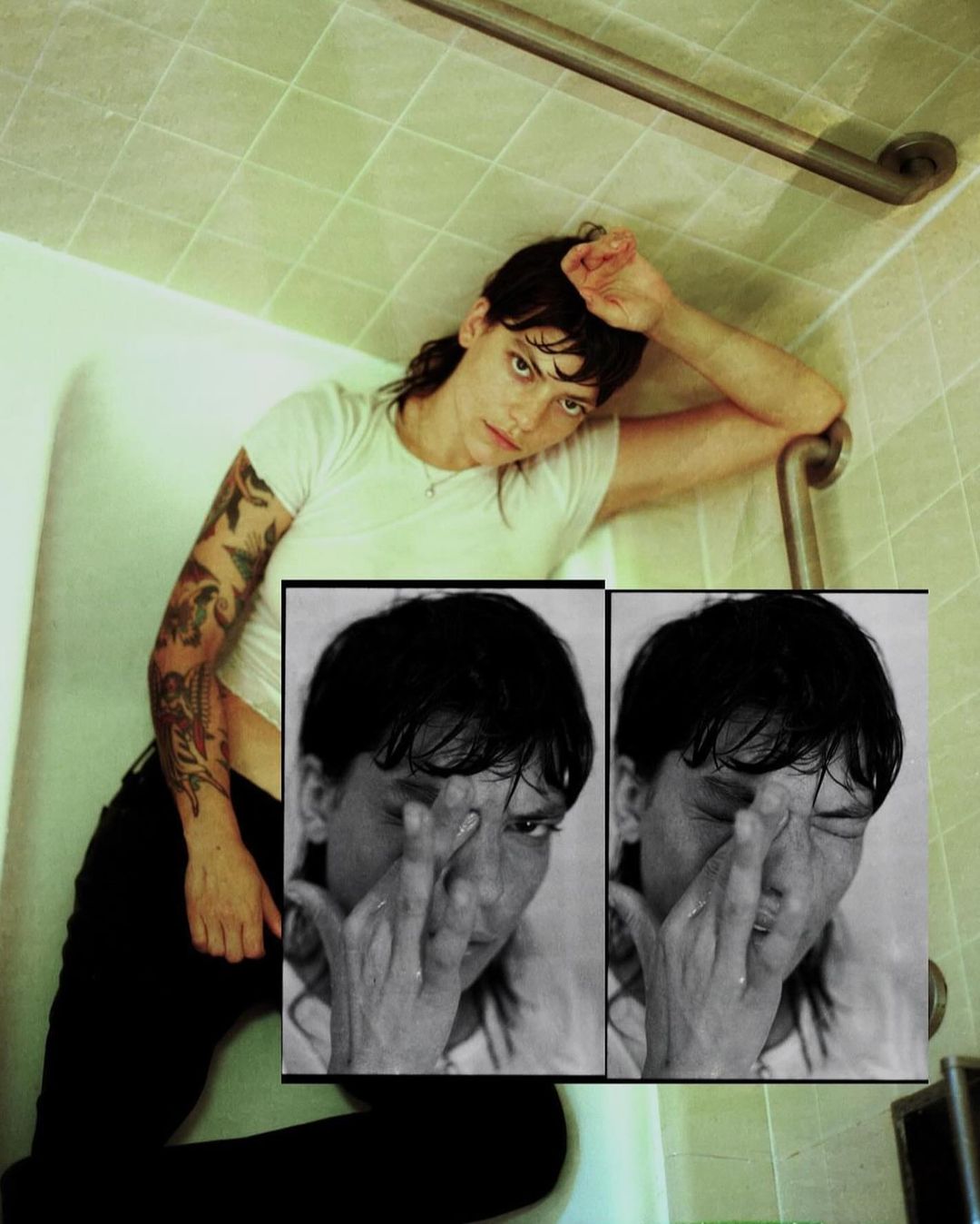 Woman with arm tattoo lounges in a tiled bathroom.  Inset images show close-up of her face.  Bright, natural indoor lighting.