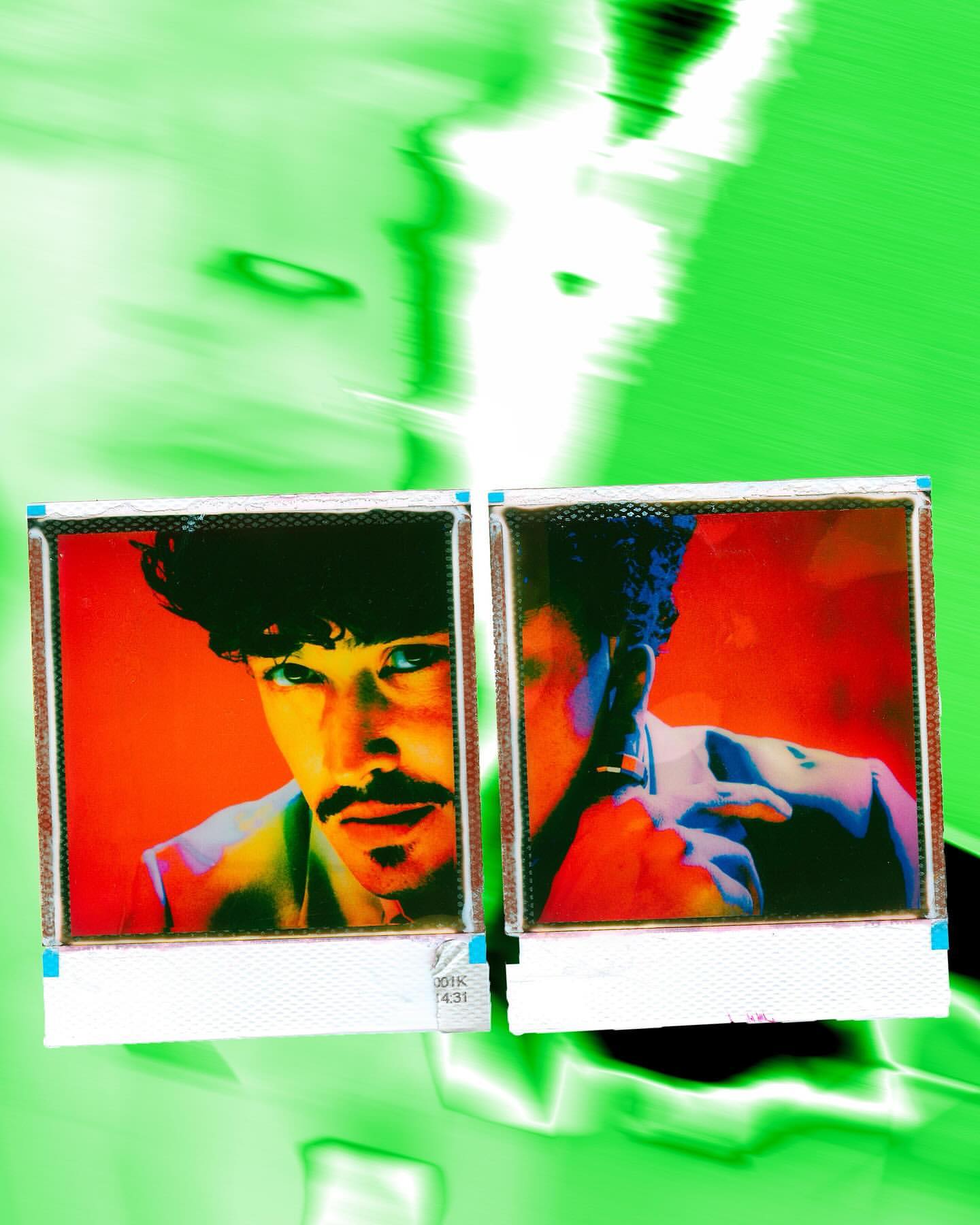 Portrait of a man captured in two Polaroid-style photos with a vibrant orange background and overlaid with a flowing green and white pattern.