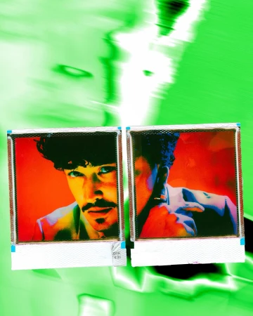 Portrait of a man captured in two Polaroid-style photos with a vibrant orange background and overlaid with a flowing green and white pattern.