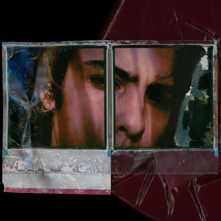 Portrait made up of two polaroids side-by-side of a young adult with dark hair and pale skin against a black and red textured background.