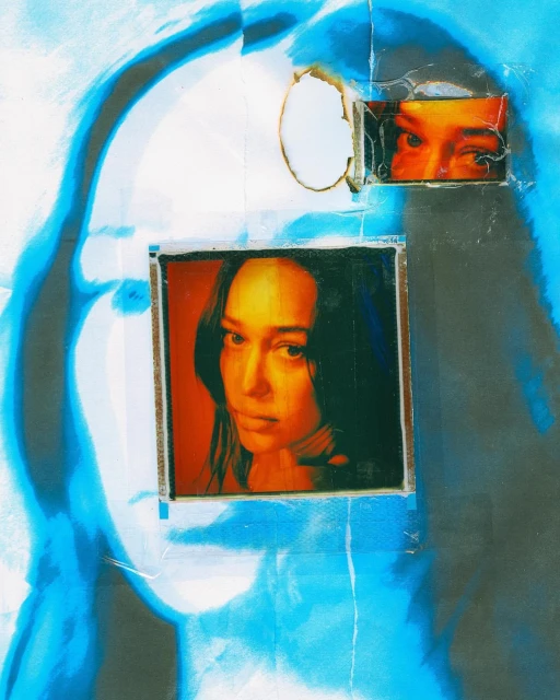 Artwork featuring a woman's portrait and close-up of eyes adhered to a textured surface with abstract blue and gray patterns.
