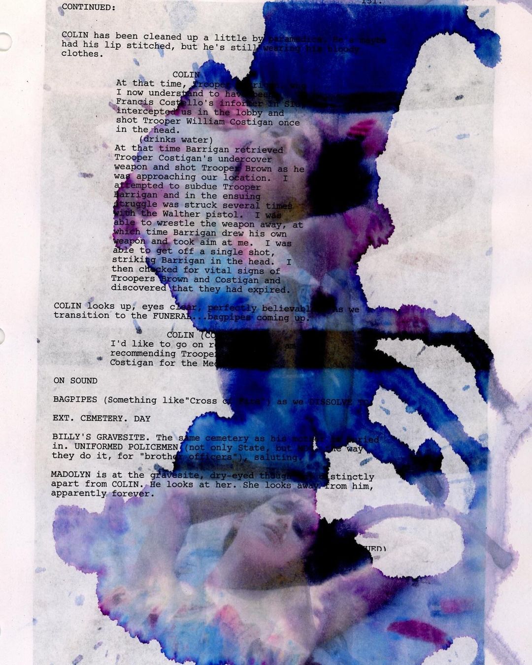 A script page with text overlayed with purple ink spots. The script has details about characters named COLIN, Costigan, and Madolyn.