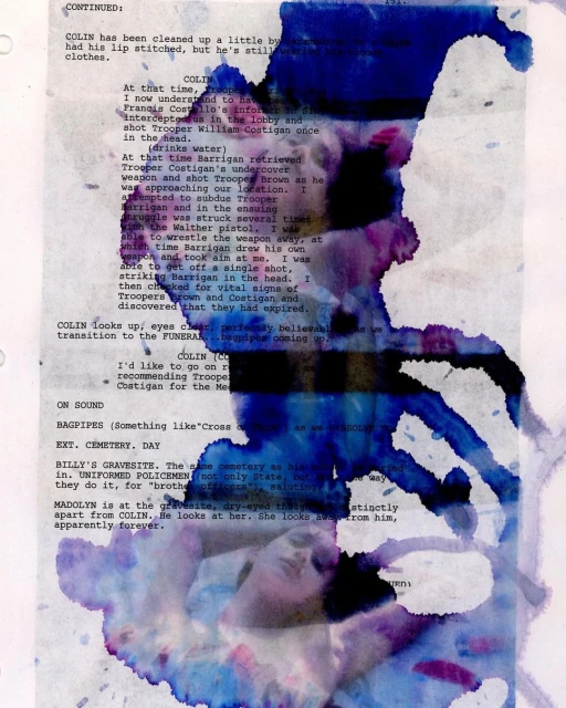 A script page with text overlayed with purple ink spots. The script has details about characters named COLIN, Costigan, and Madolyn.