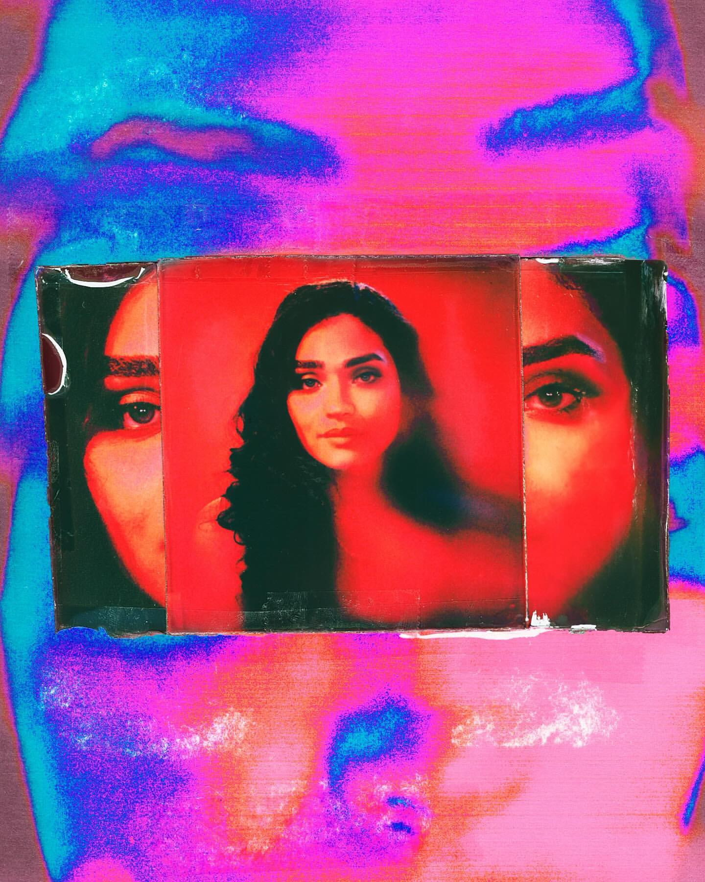 Portrait of a woman with long, dark hair surrounded by graphic elements in shades of pink, red, and blue for a surreal effect.