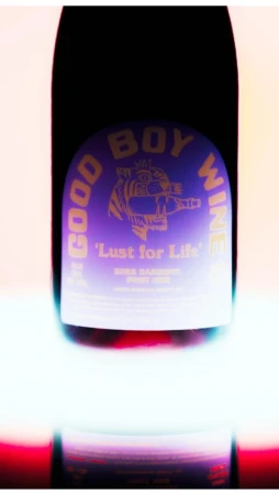 Close-up studio shot of a bottle of Good Boy Wine, a 2022 Gamay Rose with 'Lust for Life' printed on its label. The bottle sits on a reflective surface.