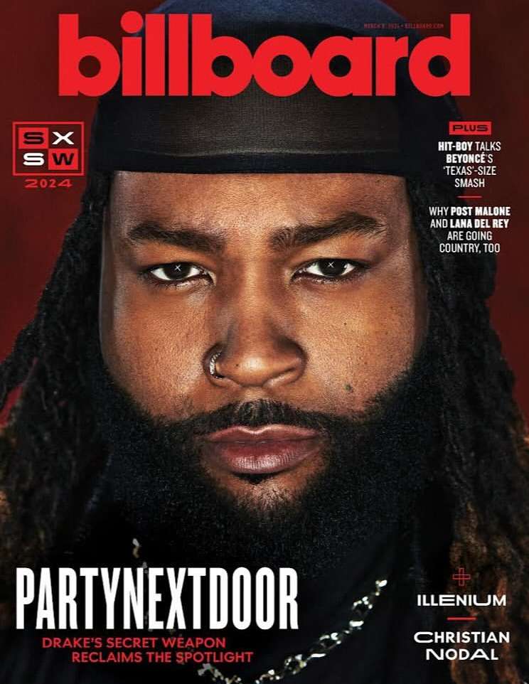 Billboard magazine cover featuring a close-up portrait of the musician PartyNextDoor with visible dreadlocks and beard set against a red background.