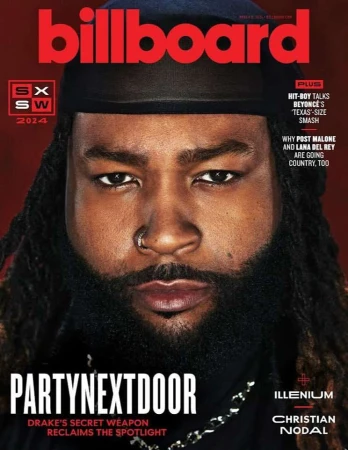 Billboard magazine cover featuring a close-up portrait of the musician PartyNextDoor with visible dreadlocks and beard set against a red background.