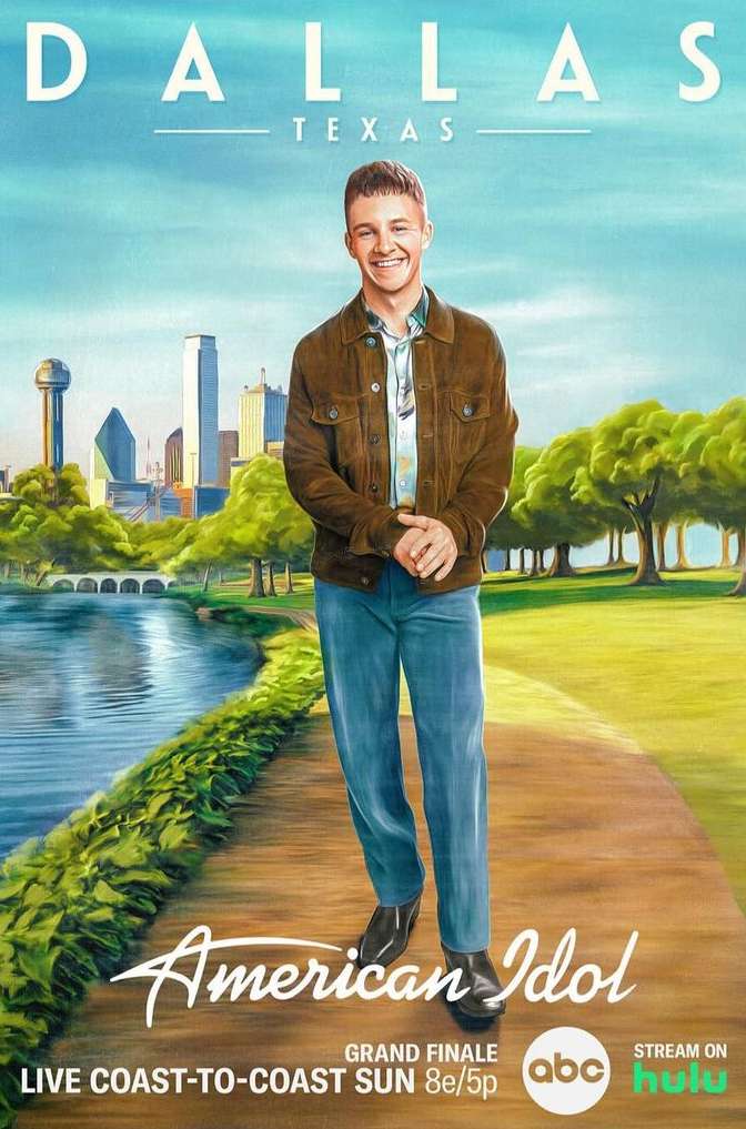 Poster image featuring a young man standing in front of the Dallas, Texas skyline, promoting American Idol's grand finale broadcast.