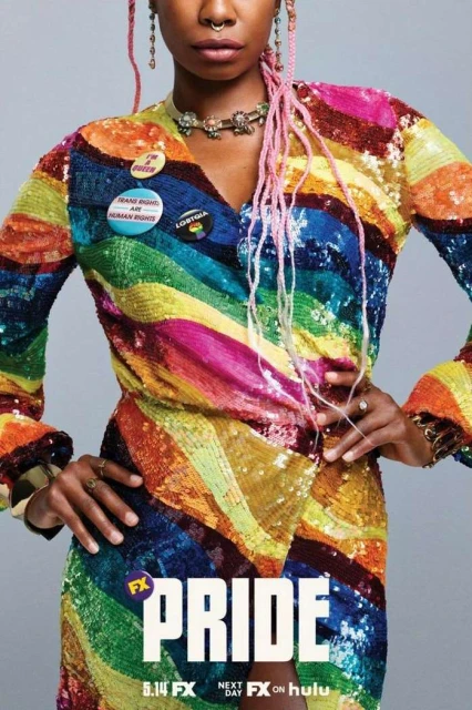 Close-up of a woman wearing a sequined rainbow dress and jewelry, against a grey background, advertising the FX show Pride.