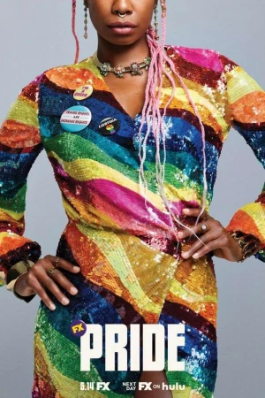 Close-up of a woman wearing a sequined rainbow dress and jewelry, against a grey background, advertising the FX show Pride.