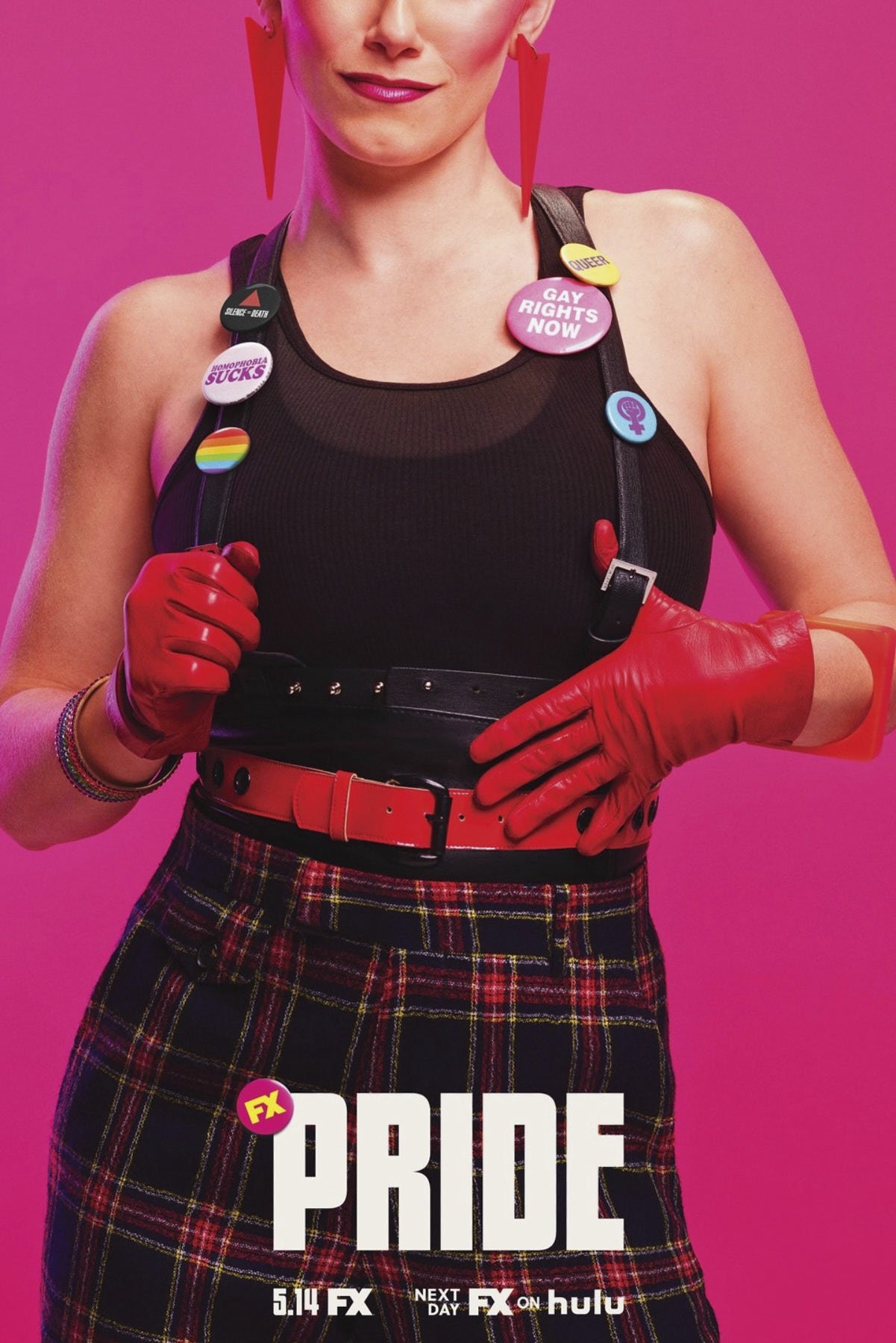 Poster for 'Pride' TV series on FX and Hulu, featuring a stylish woman in a black top, plaid skirt, red accessories, and political buttons.