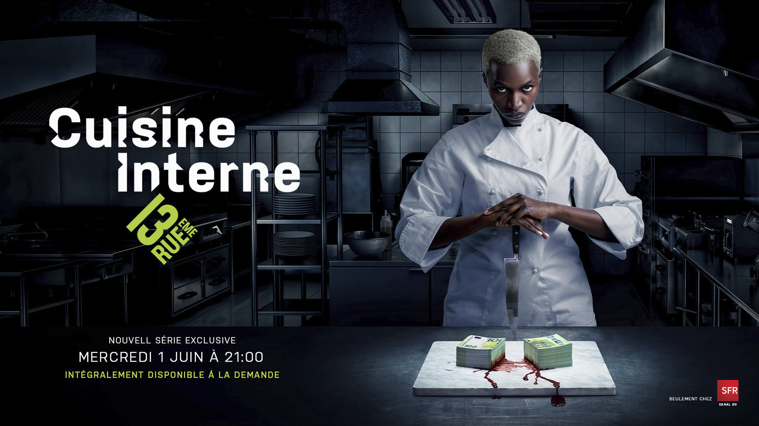 Promotional image of a chef in a kitchen holding a knife next to a stack of money with blood on a cutting board.
