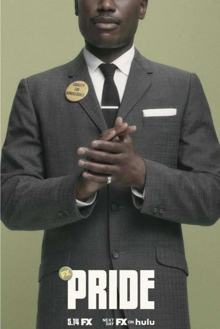 Portrait of a Black man in a suit with a button reading 'Equality for Homosexuals,' against a light green backdrop for the 'Pride' series.