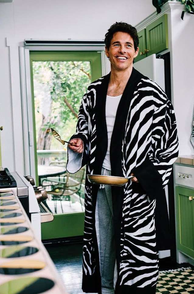 Smiling adult man in a zebra-striped robe in a green and white kitchen, holding a frying pan and spatula near a gas range.