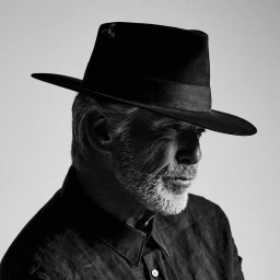 Monochrome portrait of an older man with a beard wearing a fedora and dark button-down shirt against a light background.