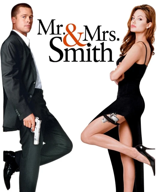 Movie poster for Mr. & Mrs. Smith featuring Brad Pitt and Angelina Jolie in formal wear holding guns against a white background.