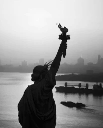 Silhouette of the Statue of Liberty raising its torch overlooking a hazy river with boats and distant buildings.