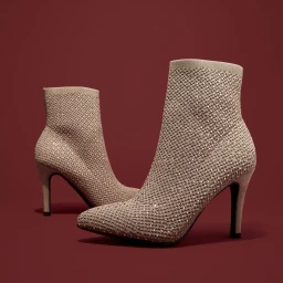 Pair of beige knit pointed-toe ankle boots embellished with sparkling rhinestones on a deep red studio background.