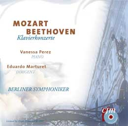 Album cover for Mozart Beethoven Klavierkonzerte, featuring Vanessa Perez, Eduardo Marturet, and the Berliner Symphoniker.