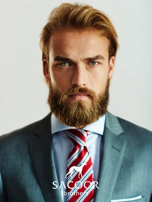 Portrait of adult male model with beard, wearing a grey suit, light blue shirt, and red striped tie in a photo studio.