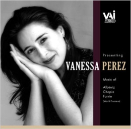 Vanessa Perez portrait on an album cover, with visible text 'Vanessa Perez', 'Music of Albeniz, Chopin, Farren'.