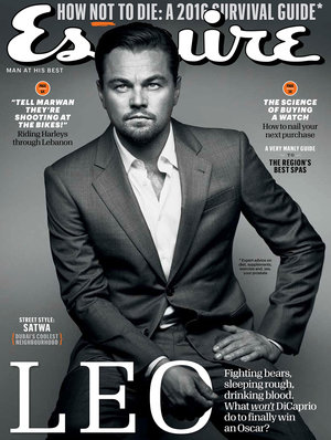Esquire magazine cover featuring Leonardo DiCaprio wearing a suit, posing in a photo studio with studio lighting and neutral tones.