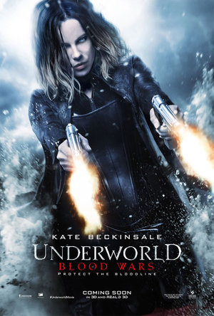 Movie poster for Underworld: Blood Wars shows Kate Beckinsale holding two guns. Dark, moody atmosphere with a snowy, cloudy background.