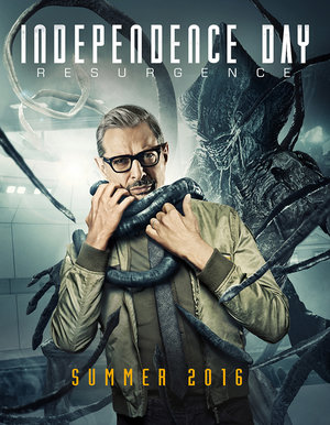 Movie poster for Independence Day: Resurgence featuring Jeff Goldblum with alien tendrils wrapped around his neck and alien in background.