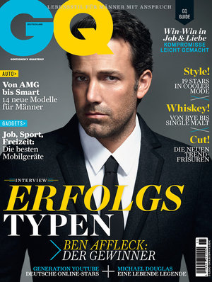 Magazine cover featuring a man in a suit and tie against a grey backdrop, with GQ logo and various headlines in German.