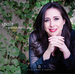 Portrait of Vanessa Perez against a lush green backdrop with album art featuring piano music for Steinway & Sons, promoting music.