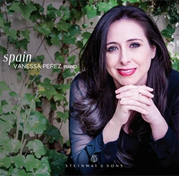 Portrait of Vanessa Perez against a lush green backdrop with album art featuring piano music for Steinway & Sons, promoting music.