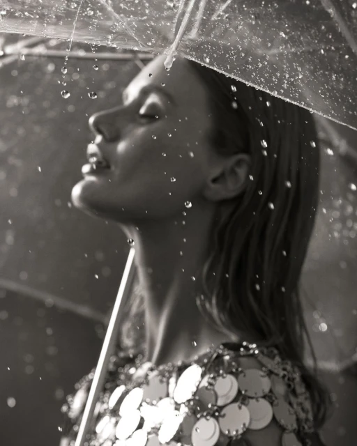 Monochrome portrait of a woman with her eyes closed under a clear umbrella, capturing falling raindrops and wearing a sequin dress.