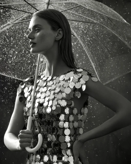 Monochrome portrait of a woman with wet hair under a clear umbrella, wearing a silver sequin dress, looking off to the side.