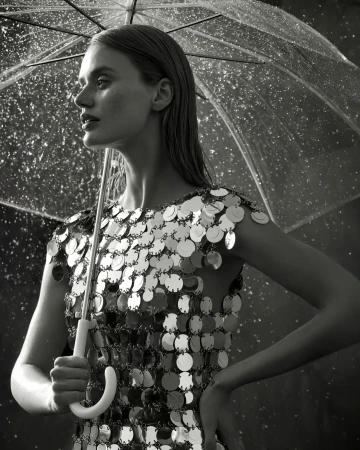 Monochrome portrait of a woman with wet hair under a clear umbrella, wearing a silver sequin dress, looking off to the side.