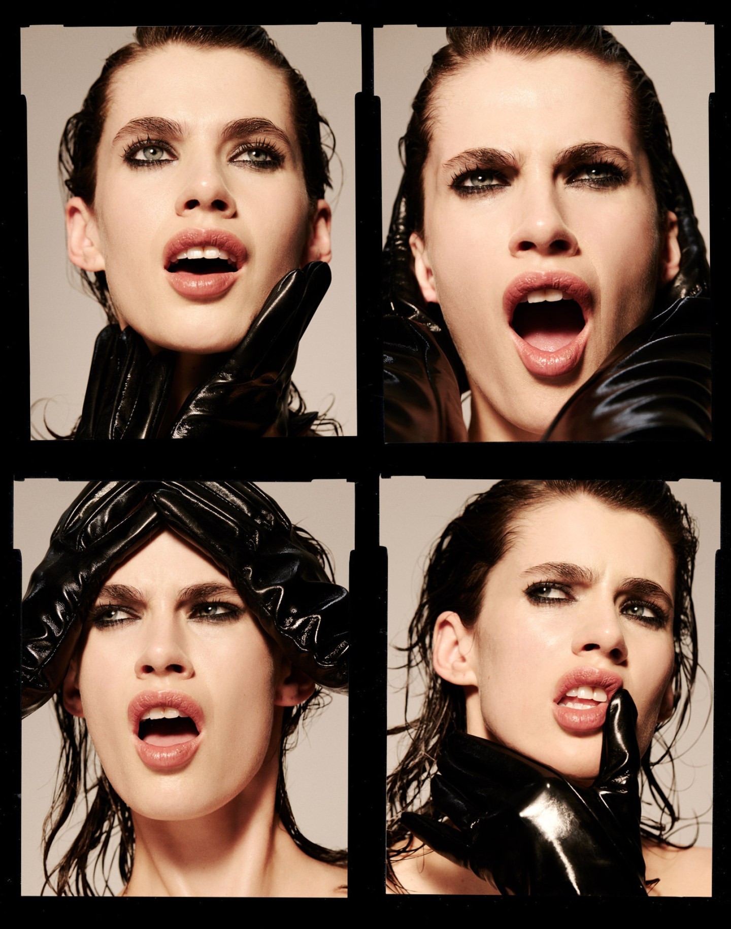 Four-panel studio shot of a woman with wet hair, striking exaggerated poses, wearing shiny black gloves and glossy makeup. Close-up.