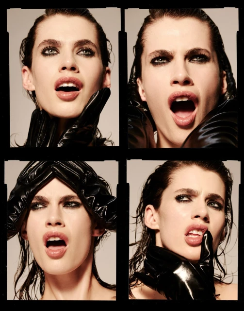 Four-panel studio shot of a woman with wet hair, striking exaggerated poses, wearing shiny black gloves and glossy makeup. Close-up.