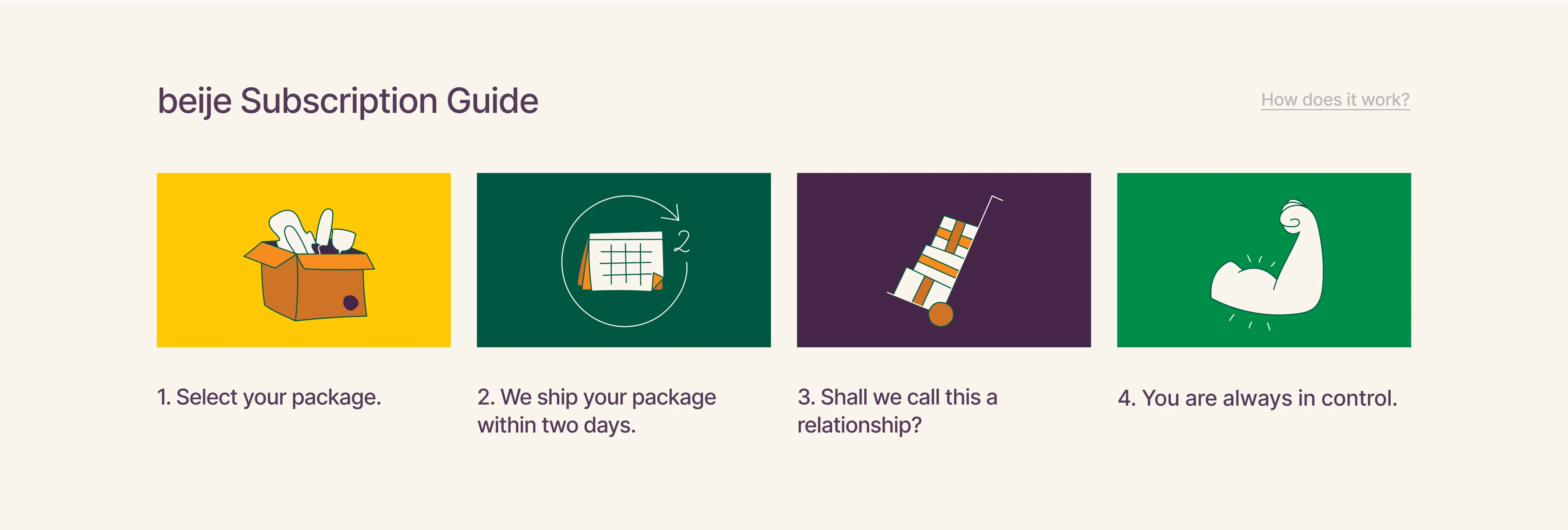 Infographic illustrating subscription service steps: package selection, shipping, service relationship, and user control.