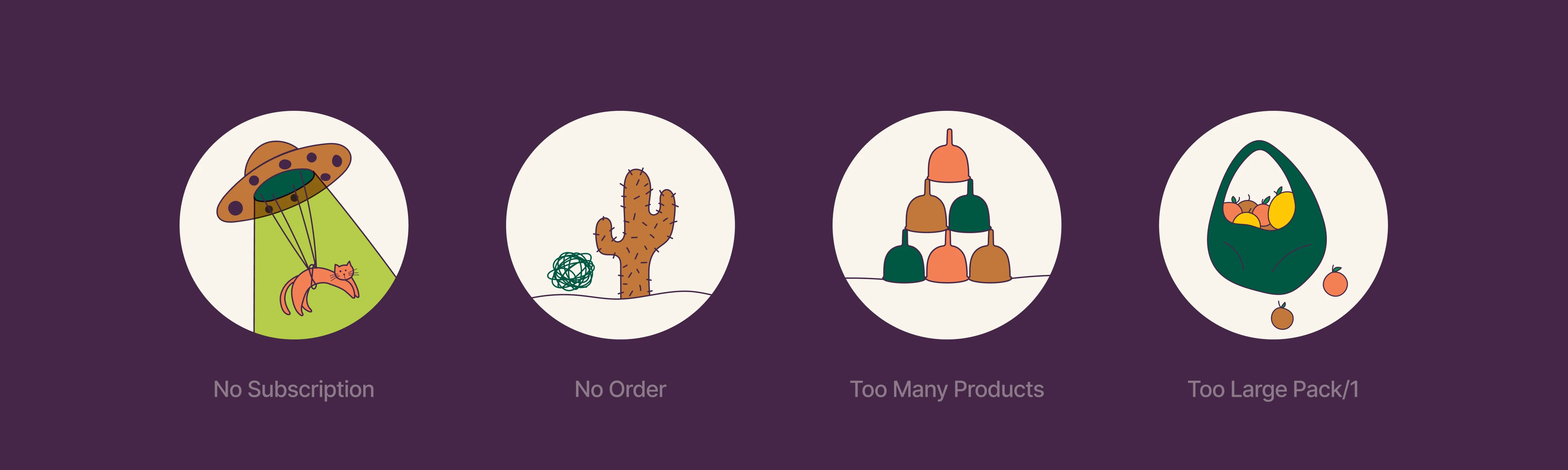 Illustration with an alien spaceship, cactus, bowls, and a tote bag on a dark purple background, indicating options for products.