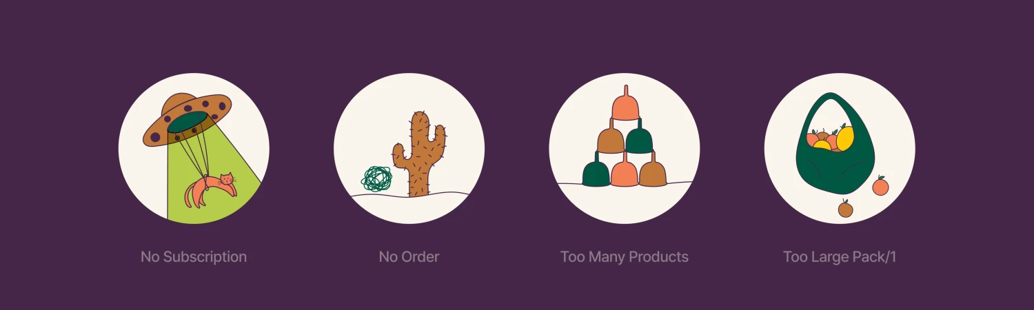 Illustration with an alien spaceship, cactus, bowls, and a tote bag on a dark purple background, indicating options for products.