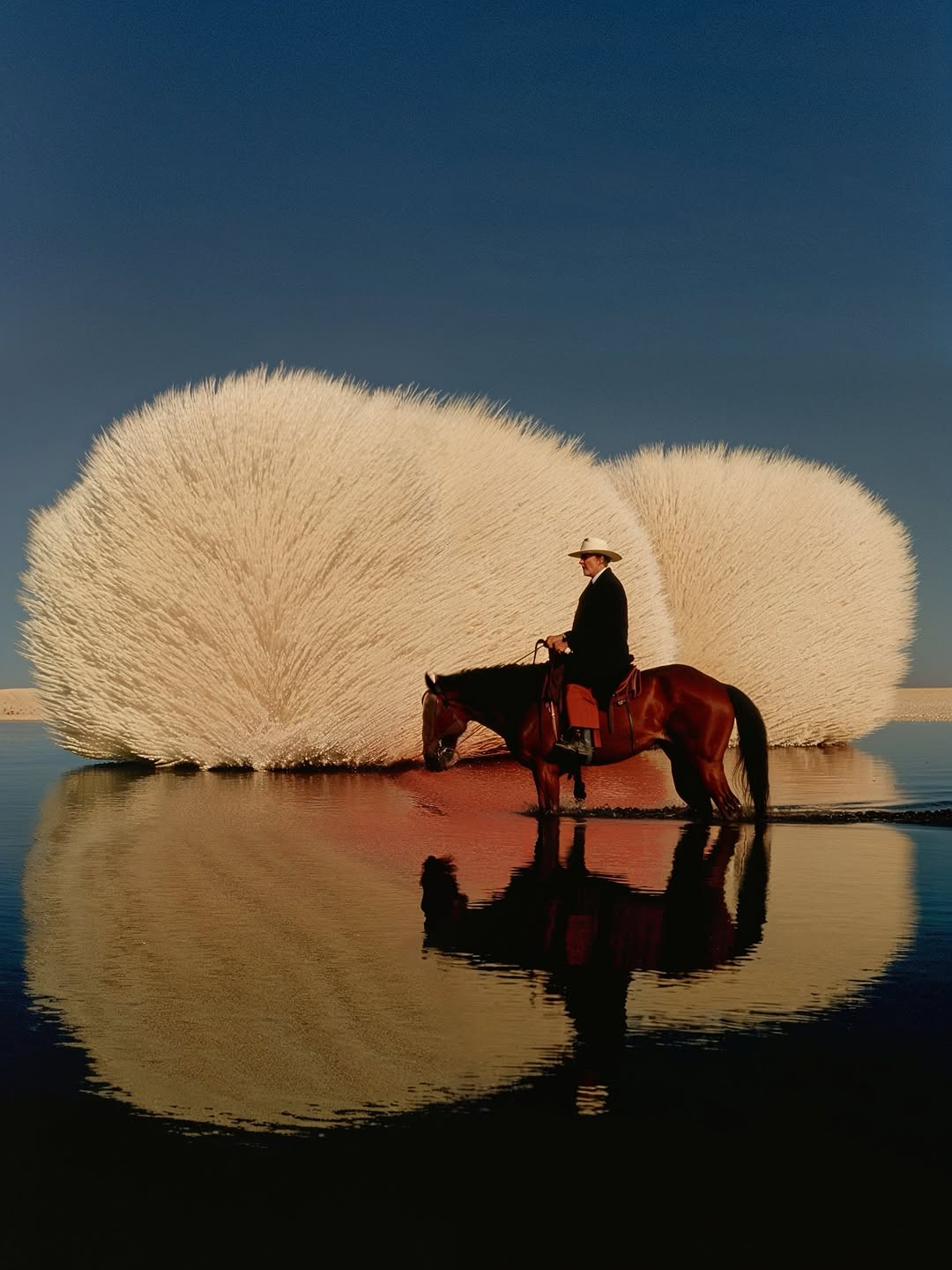 Man rides a horse through shallow water, reflected in the water, with large spherical objects in the background under a blue sky.