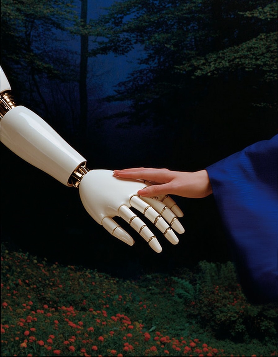Human hand gently touches robotic hand amidst a lush green meadow and dark forest backdrop, creating a compelling visual narrative.