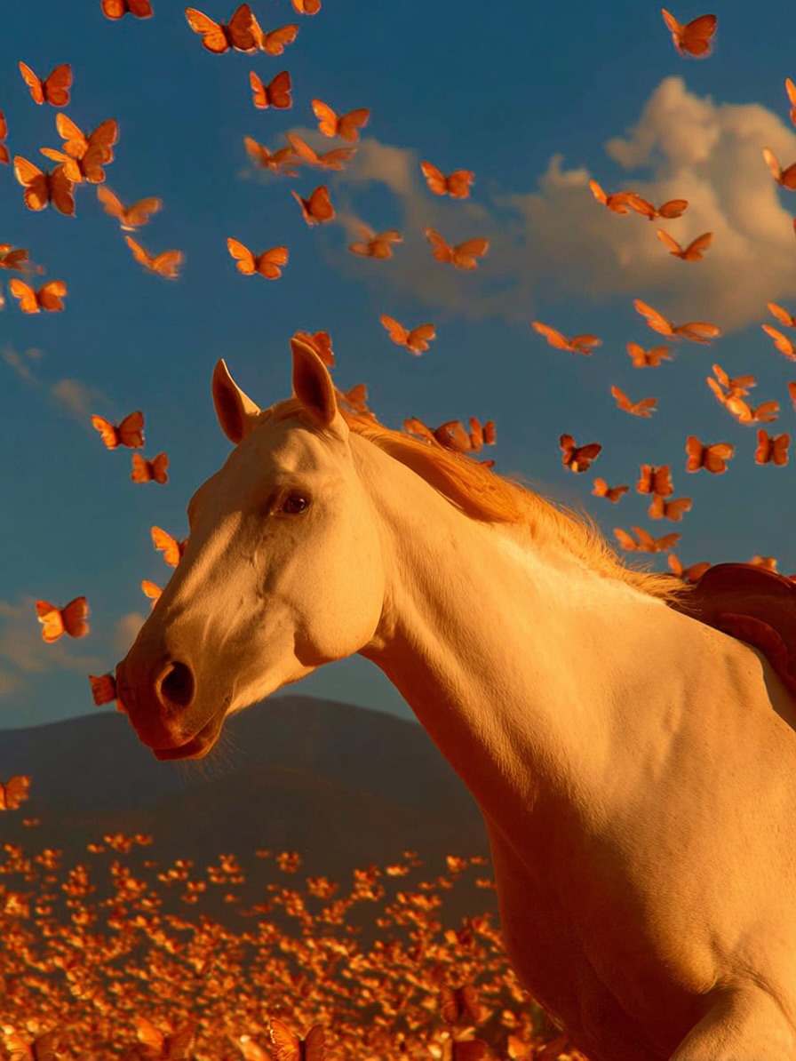 Albino horse in a field of butterflies under blue sky in illustrative image, dreamy and warm color grading, nature-inspired aesthetics.
