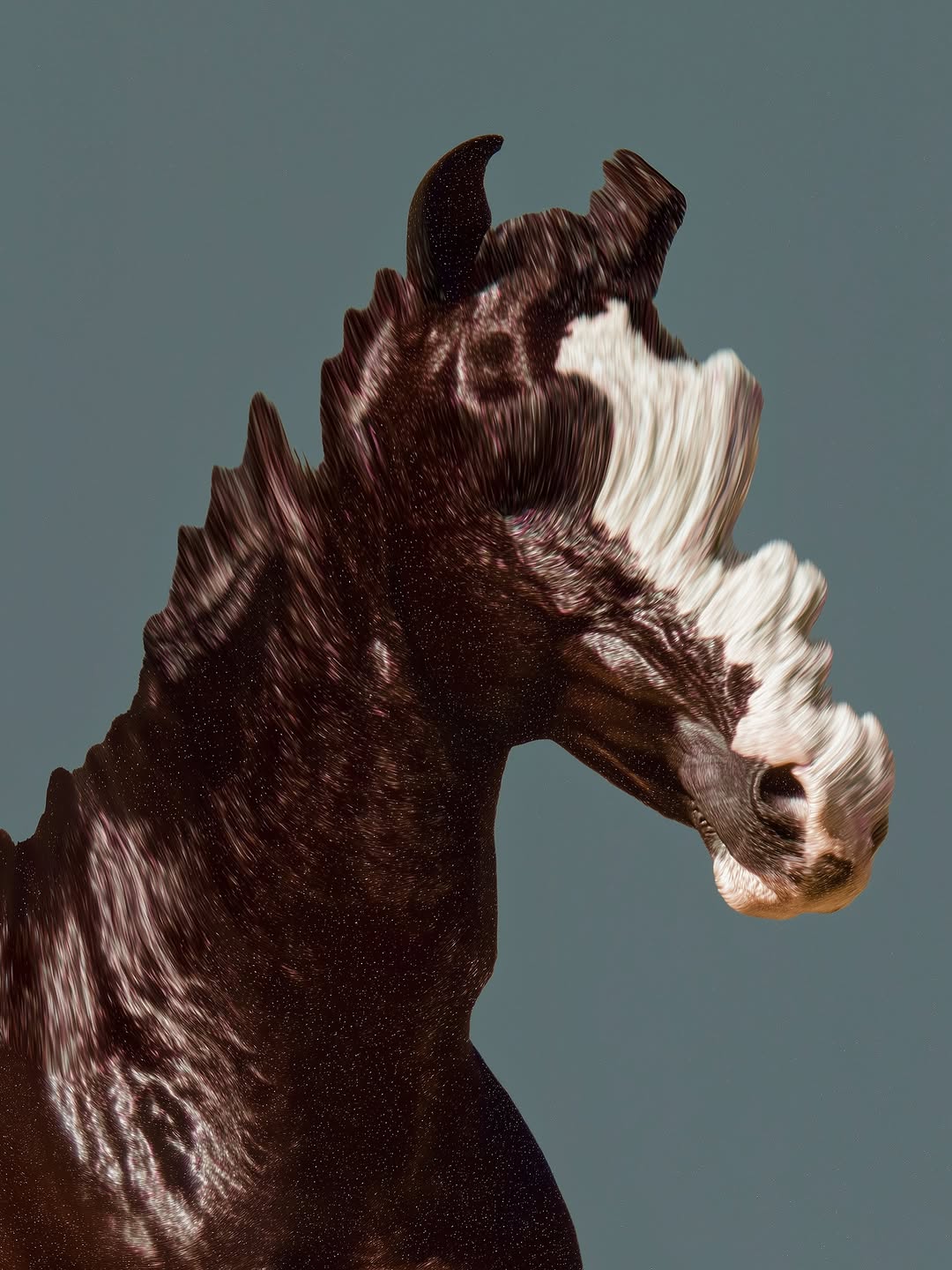 Close-up of a brown and white horse head with a flowing mane against a blue-grey background in a portrait orientation.