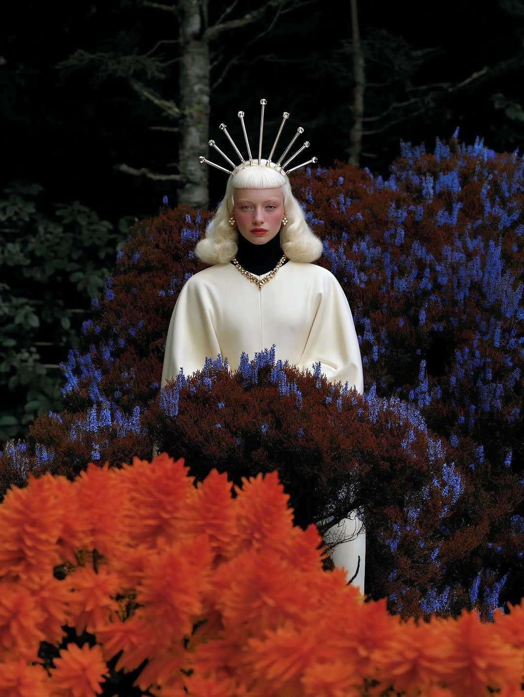 Woman with platinum blonde hair wearing a decorative crown, cape top, and jewelry, posing in a garden with blooming flowers in the background.